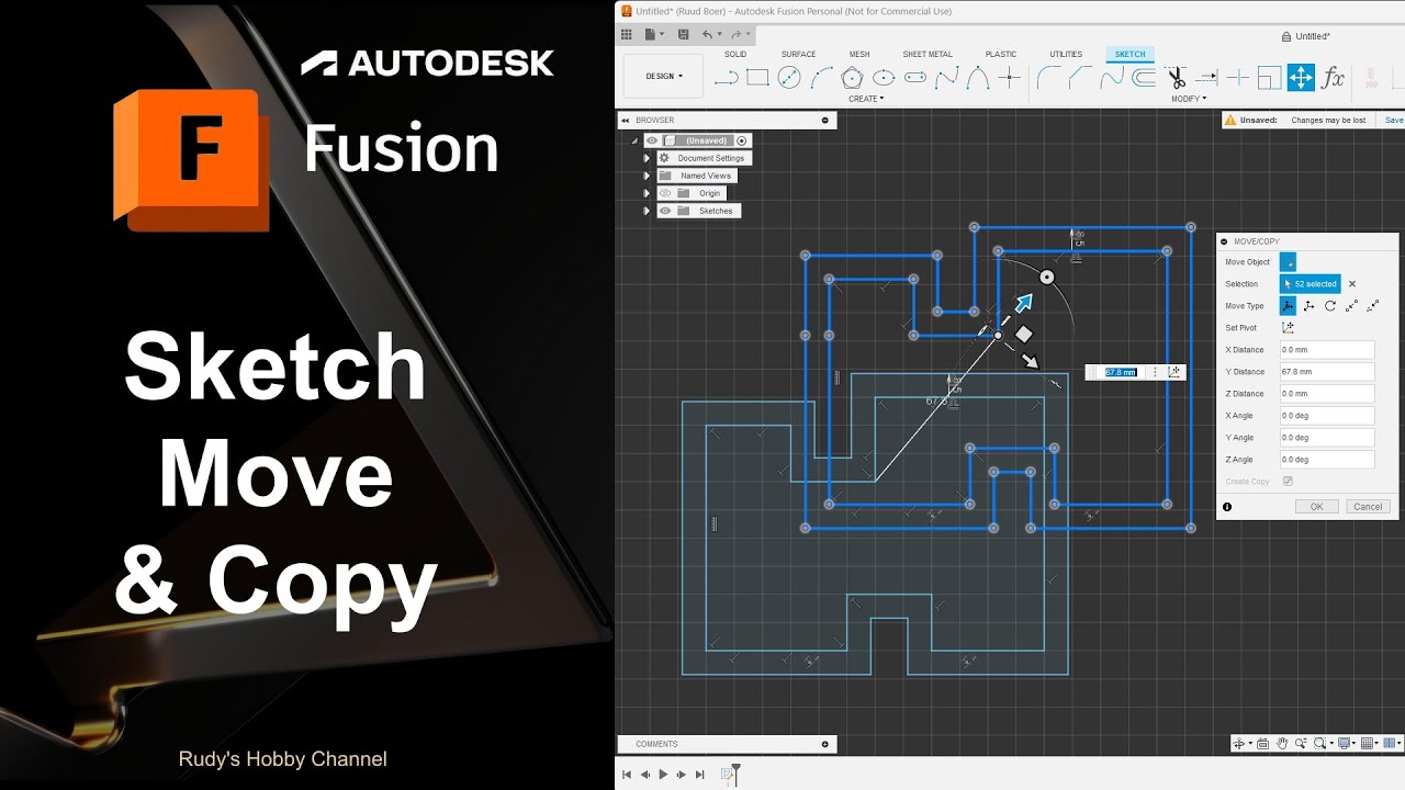 Autodesk Fusion 360 19 Sketch Move Copy (and how to set the pivot point)