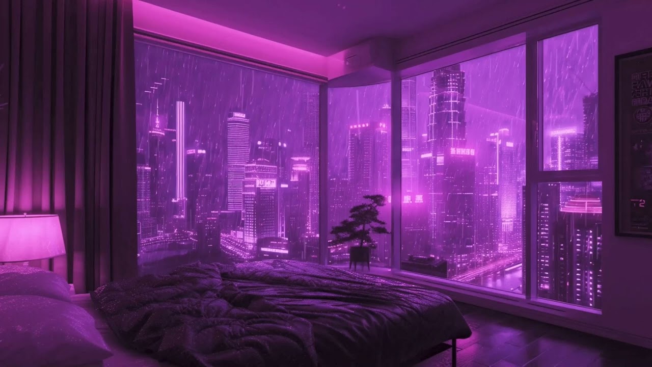 TechnoTopia | Chill Pink Room City Lights View | Relaxing Background Rain Sound Vibes | 1 Hour