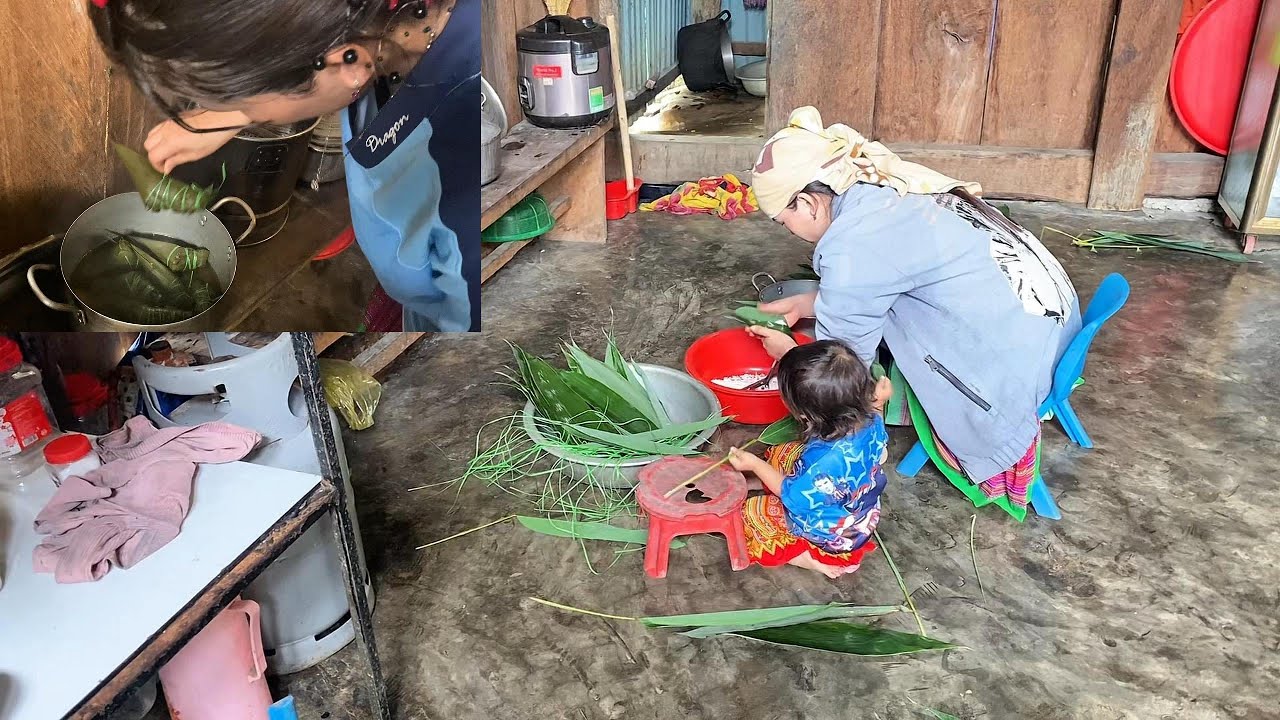 Single Mother and Baby Pick Bamboo Leaves Together – Wrapping Delicious Countryside Cakes