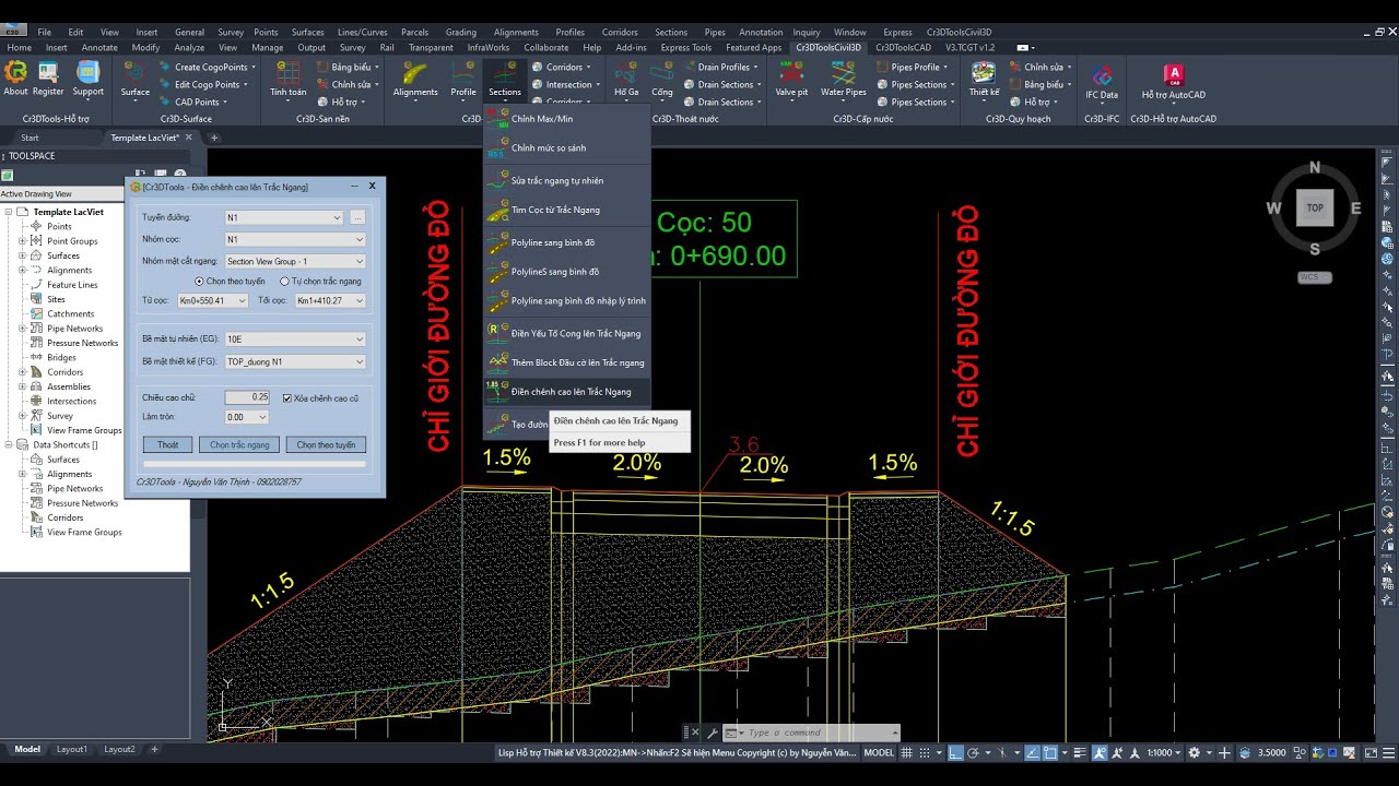 [Cr3DTools] Điền chênh cao lên Trắc Ngang trong Civil 3D