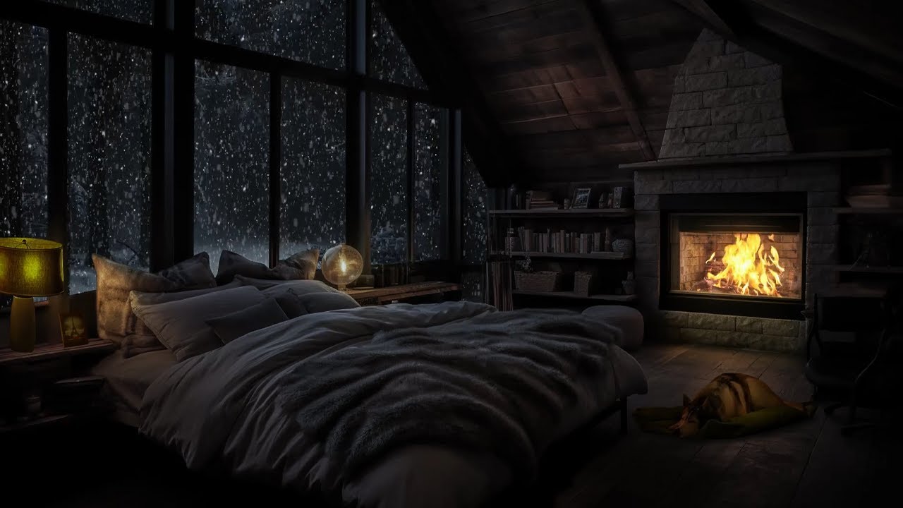 Cabin fireplace ambience | The ambiance felt from the window of the cabin on a cold snowy winter day