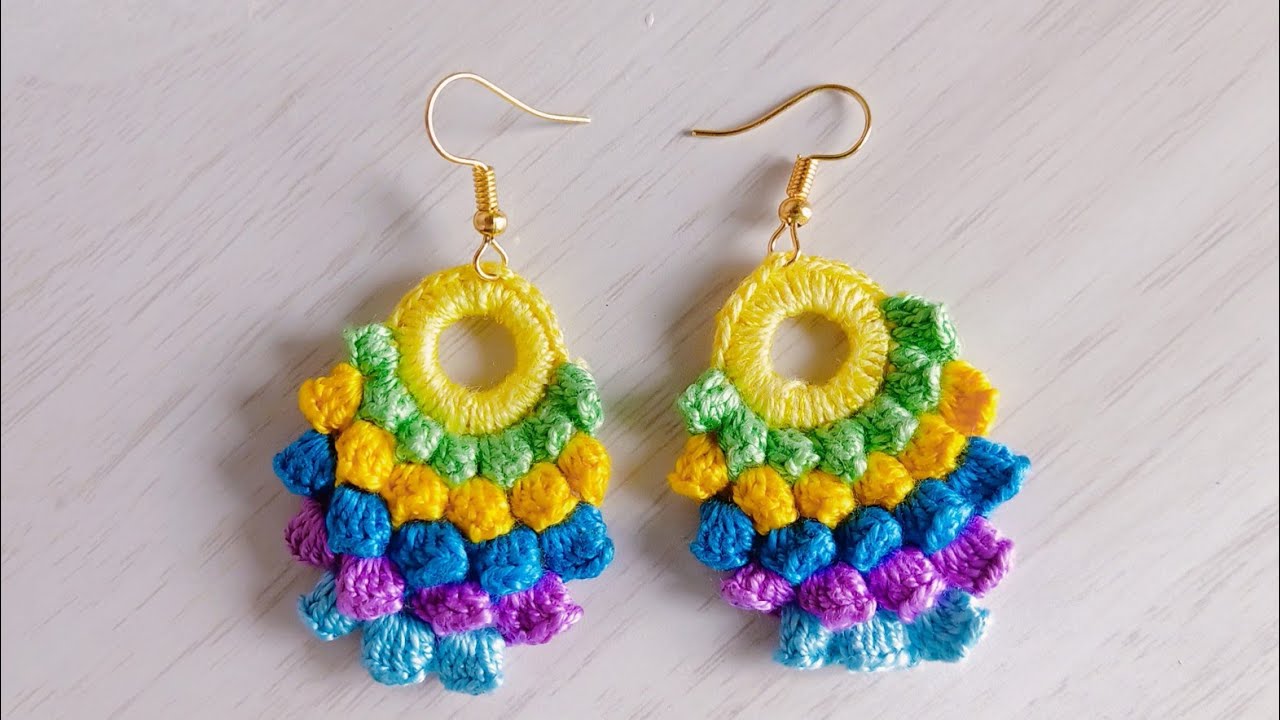 Multicolour crochet earring with popcorn stitch #crochet #earring #stylish #garlandofcrochet