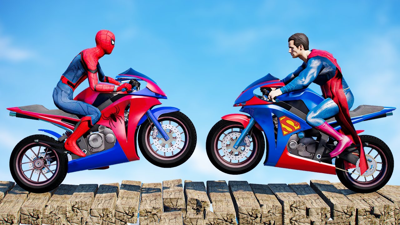سبايدر مان اصعب دراجة نارية فوق اسماك القرش - Superheroes Ride on Motorcycle Stunt Funny Moments