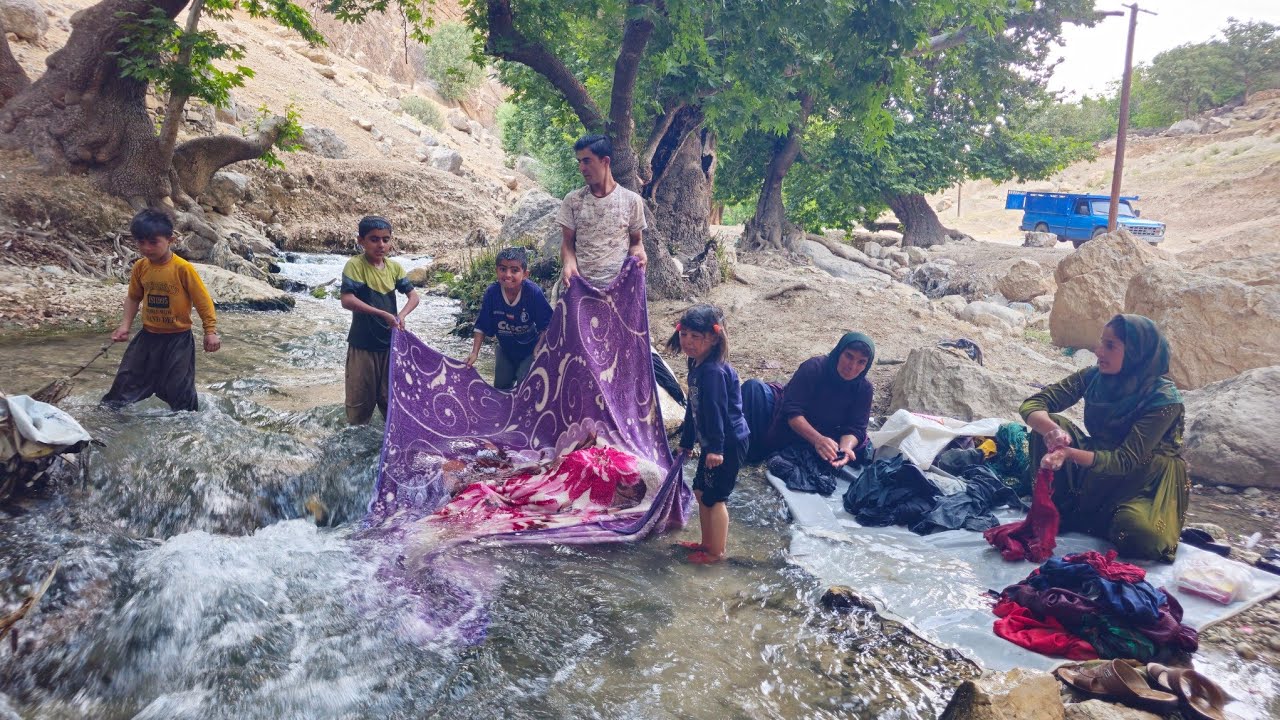 Traditional River Laundry! 🌊 Washing Our Massive Blankets in Rushing Waters