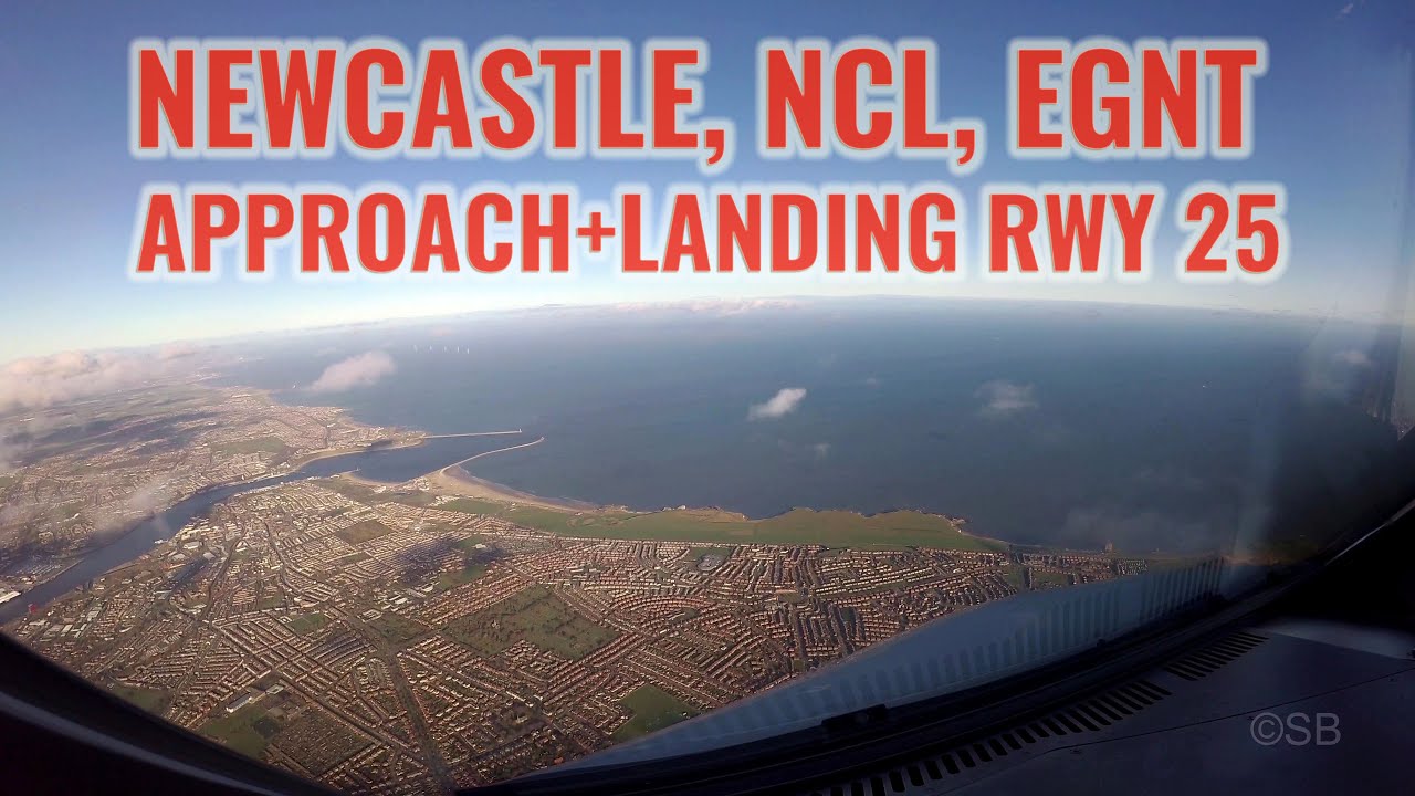 Newcastle NCL airport, England, UK: Approach + landing runway 25. Airbus cockpit view. With ATC. 4k.