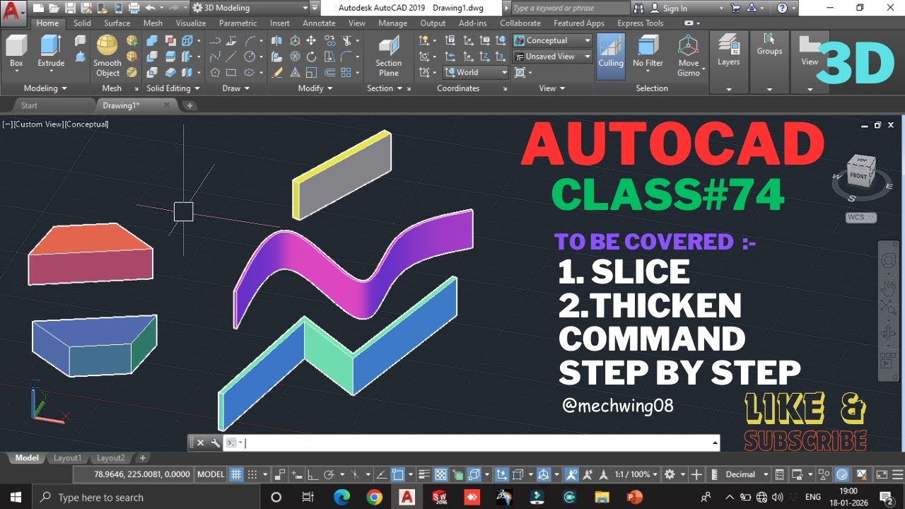 AutoCAD 3D Class 74 | SLICE & THICKEN Explained with Examples | Slice Command | Thicken Command