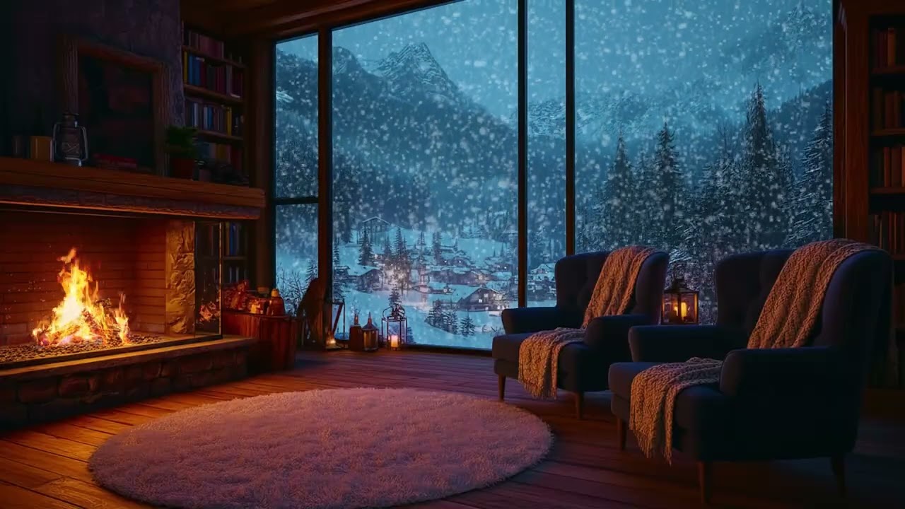Cozy Cabin in a Silent Winter Forest with Toasty Fireplace Glow for Restful Sleep and Calm