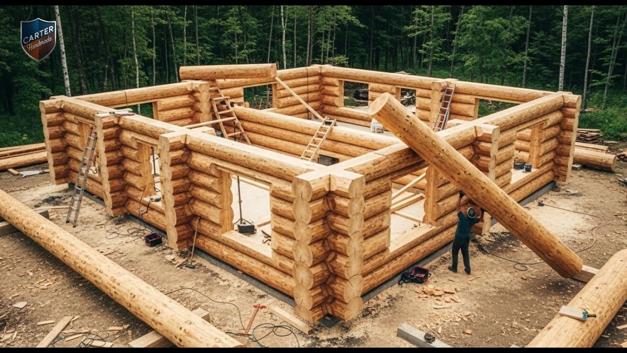A Young Man Builds a Massive Log Cabin Alone in the Forest