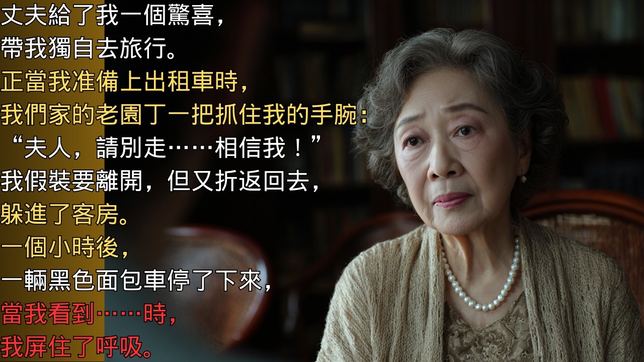 “別走，夫人！”園丁抓住了我的手腕。我沒有離開，而是躲了起來。這時，一輛黑色面包車開了過來。