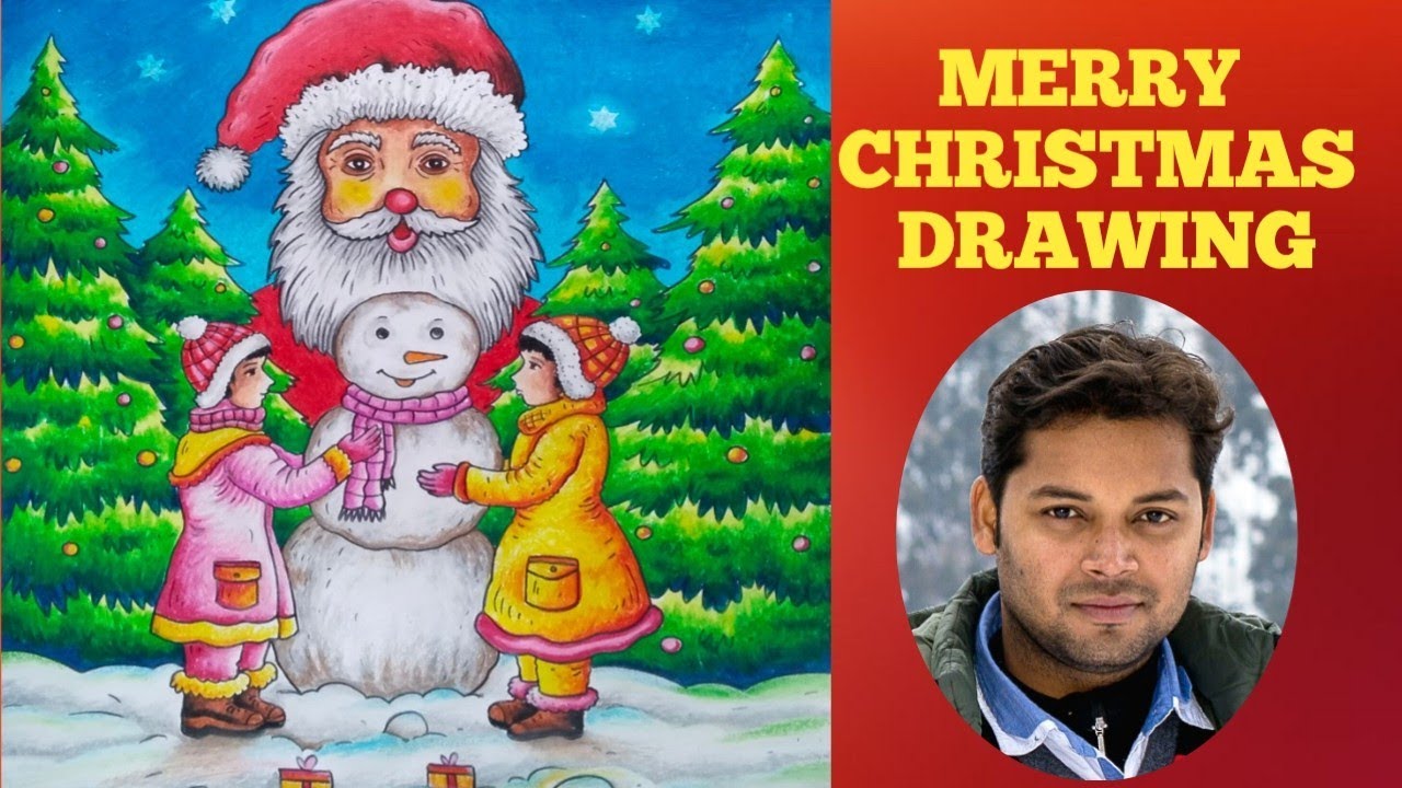 Winter season with pastel colour ♥️Merry christmas drawing easy,Santa claus with snowman, শীত কাল 