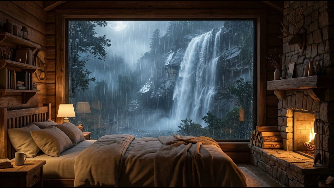 All Night   Waterfall Cabin Retreat   Stormy Night & Warm Fireplace   for Focus & Relaxation   4K A