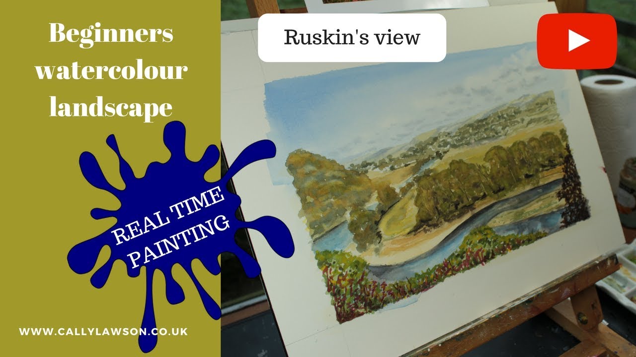 Beginners watercolour landscape, creating distance. Ruskin's view. Real time painting.
