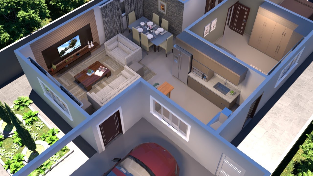Planta de Casa em 3D com dois Quartos, Cozinha Americana e Garagem