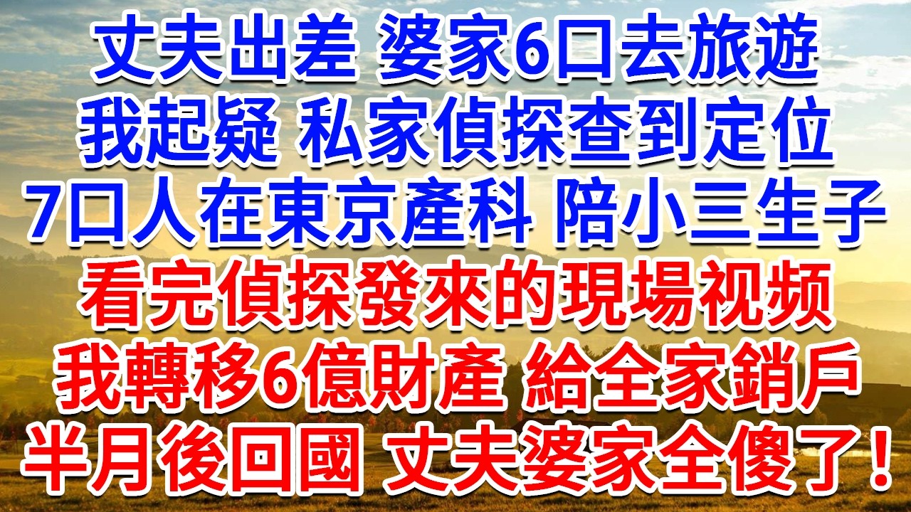 丈夫出差婆家6口去旅遊，我起疑私家偵探查到定位，7口人在東京產科陪小三生子，看完偵探發來的現場影片，我轉移6億財產給全家銷戶，半月後回國的婆家丈夫傻眼了！#情感故事#故事#小說#戀愛#情感#婚姻