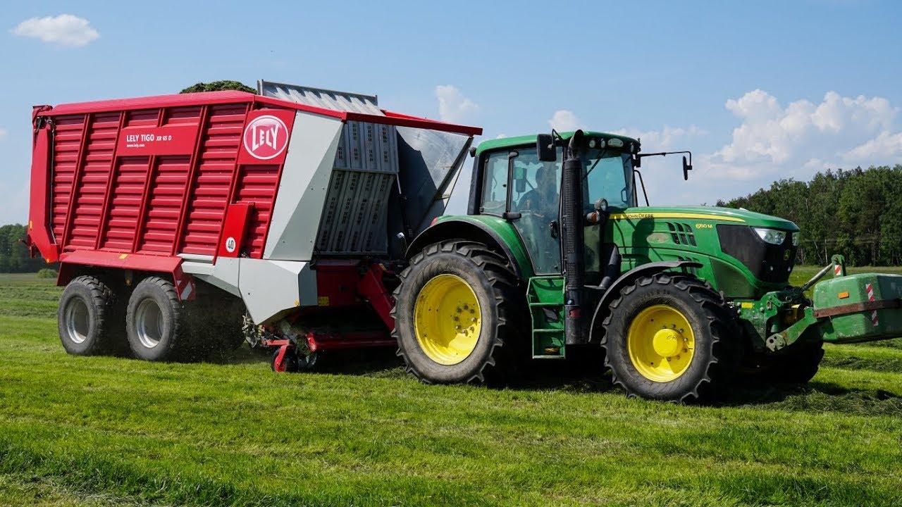 Sianokosy 2018- zbiór traw John Deere 6150M + Lely Tigo XR 65 D
