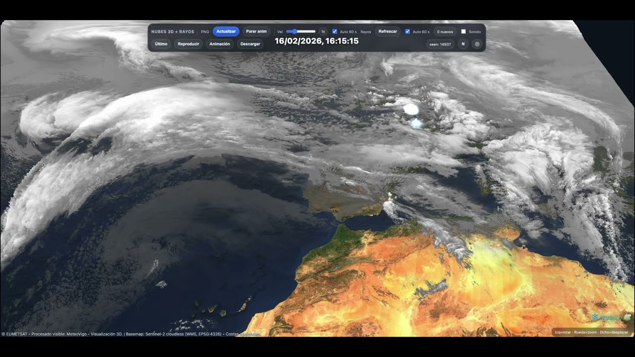 ¿Viajamos por encima de las nubes 🌫️ con una bella canción? Satélite Meteosat en 3D: Lunes 16/02/26