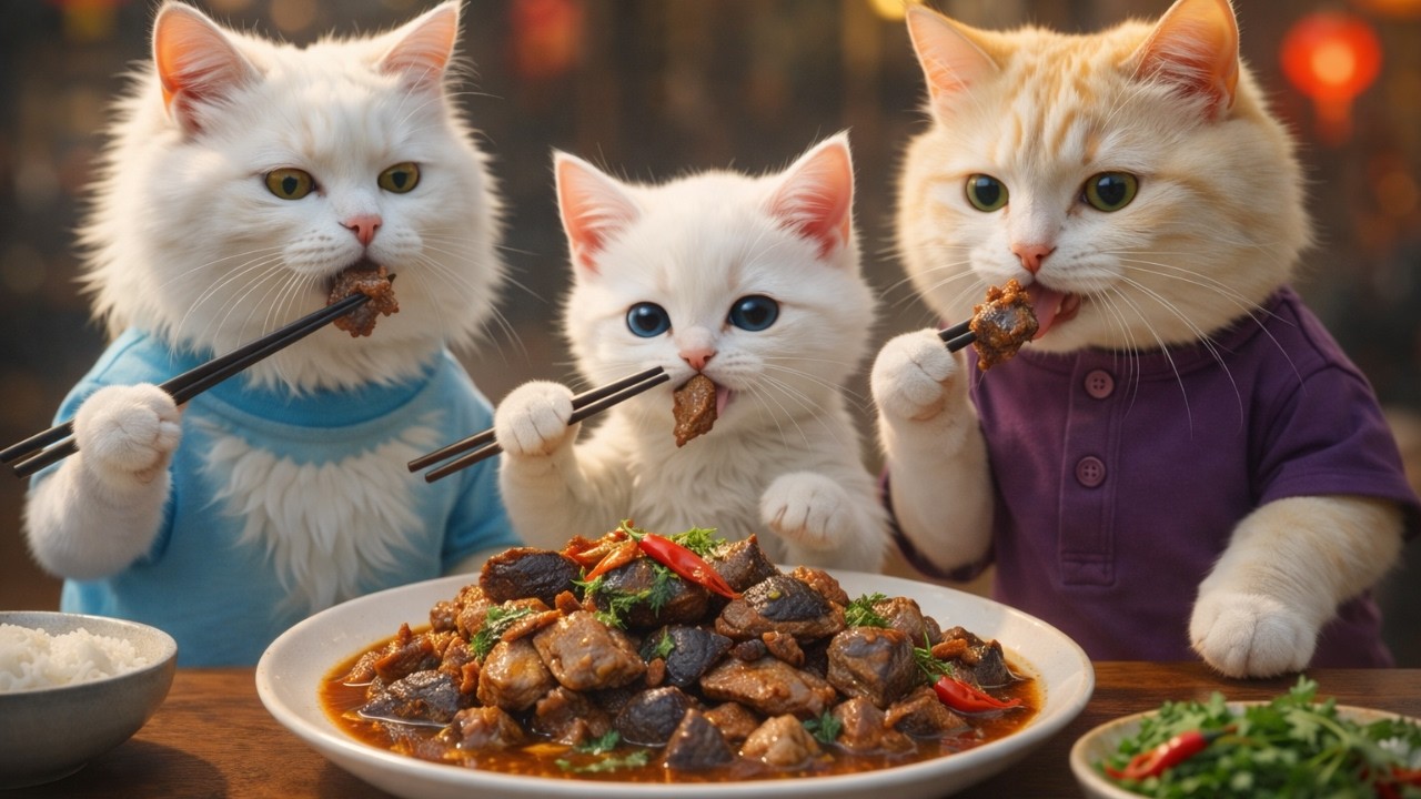 Cat family cooks turtle