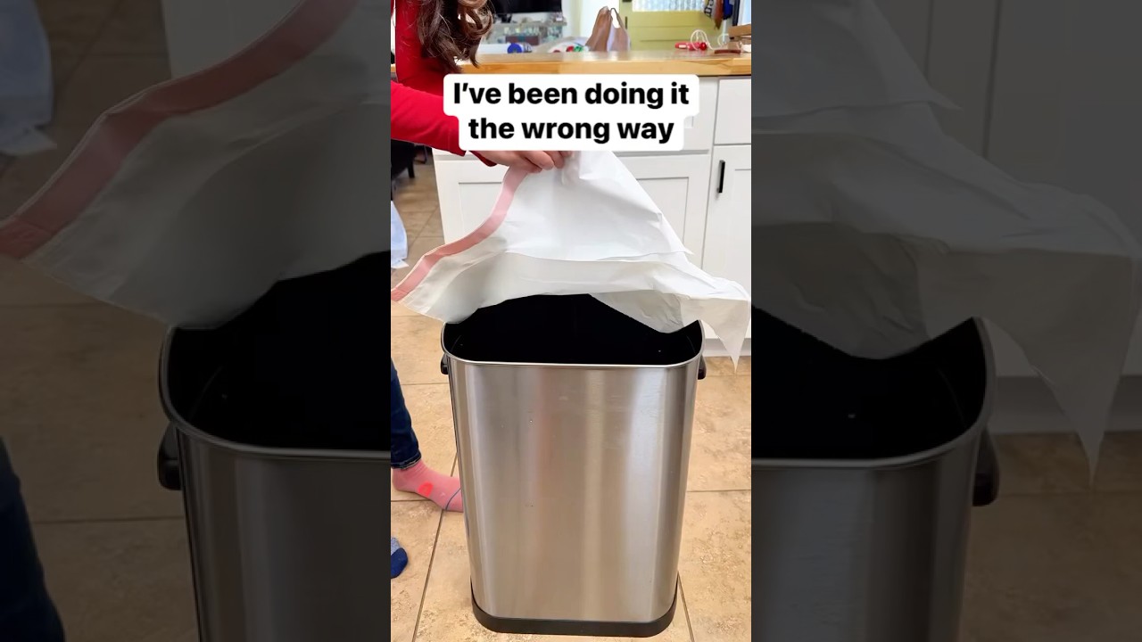 Easy way to put in a trash bag  #trash #trashbags #kitchentips #cleaning