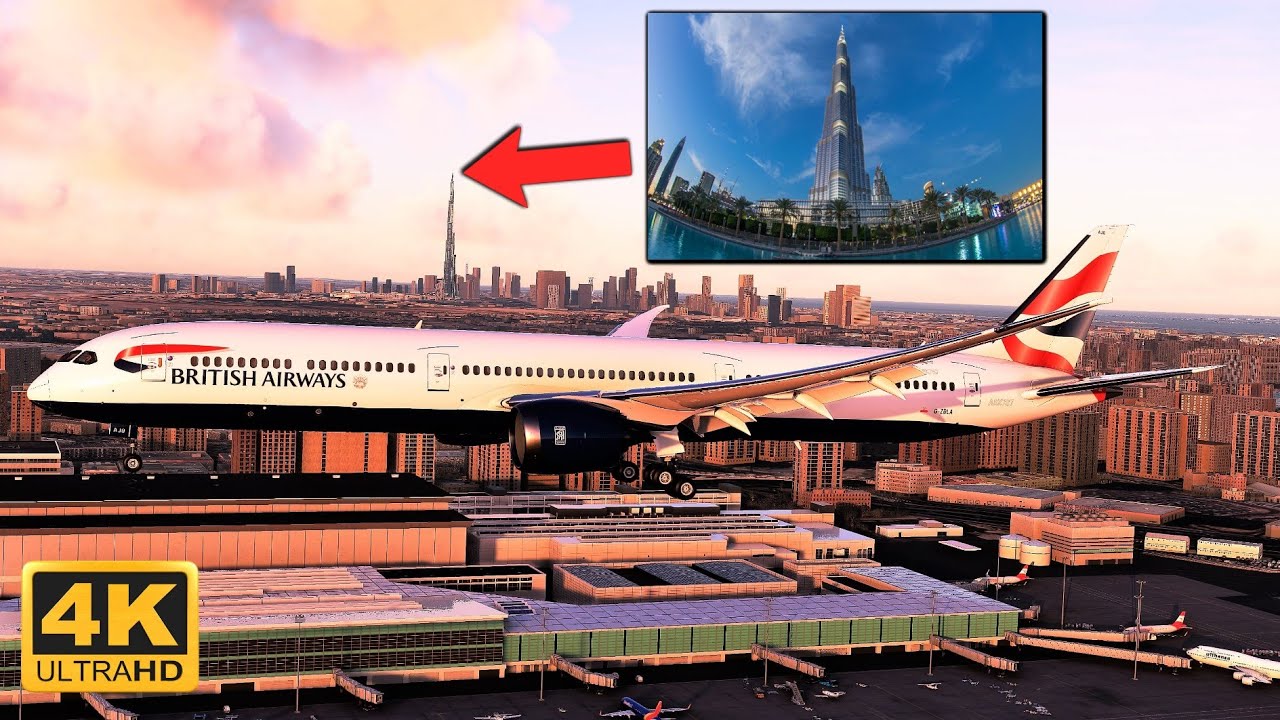 Microsoft Flight Simulator 2020 Boeing 787-10 Max Graphics Dubai City Airport Landing | Burj Khalifa