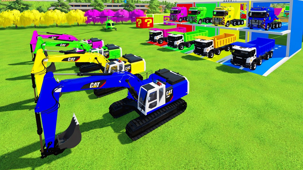 TRANSPORTING ALL COLORFUL CATERPILLAR EXCAVATOR, SCANIA TIPPER TRUCK TO GARGE WITH TRAILER TRUCK