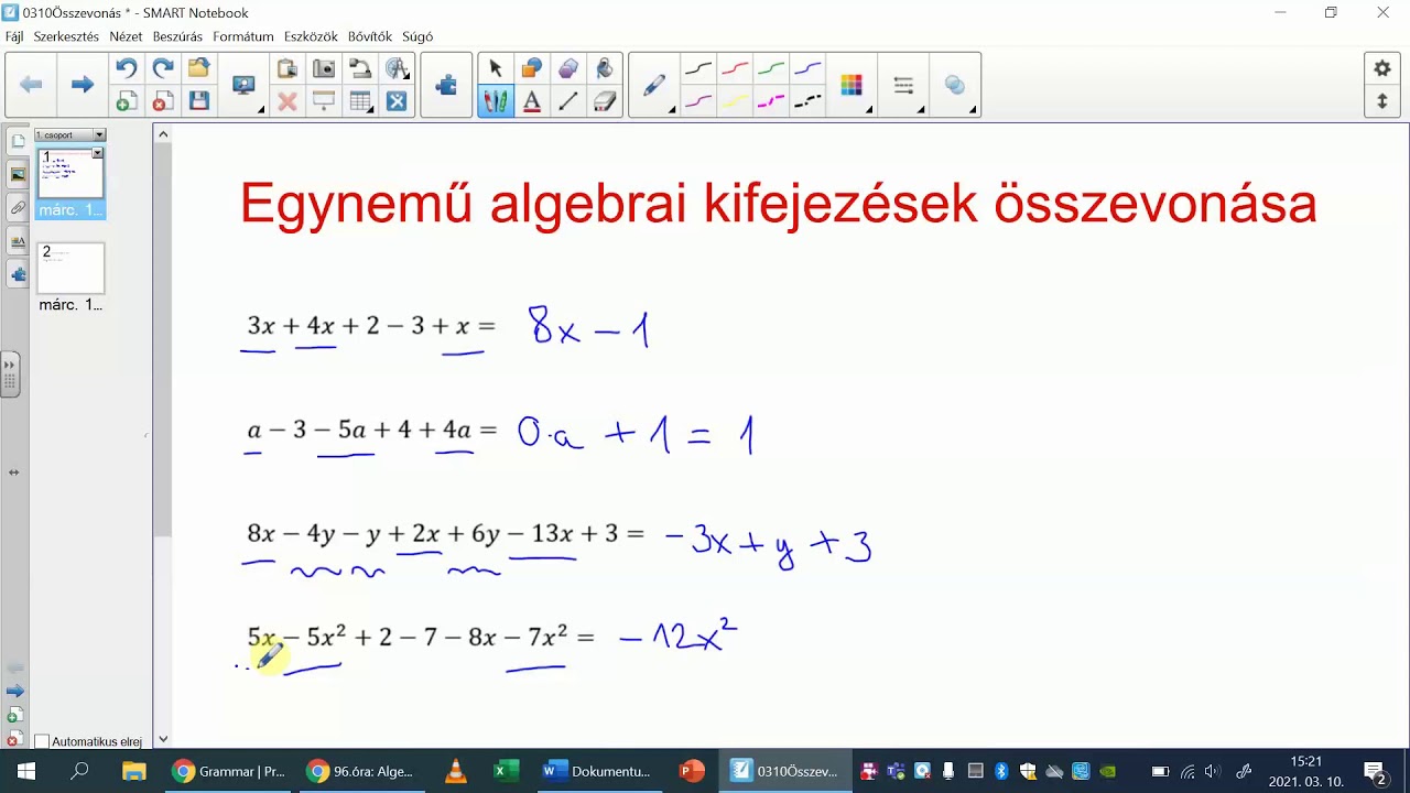 Egynemű algebrai kifejezések összevonása, matematika 7. osztály