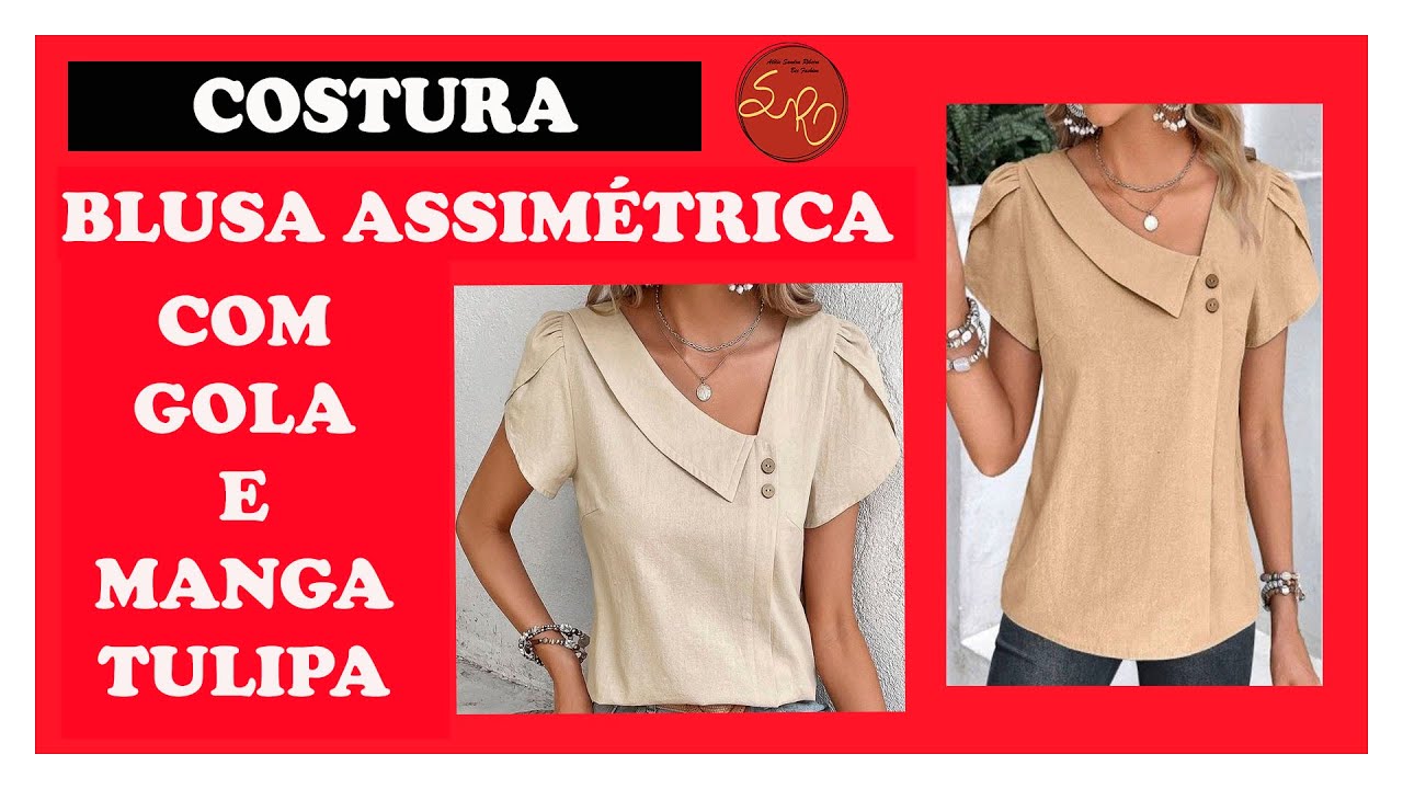 Costura,  Blusa Assimétrica com Gola e Manga Tulipa.