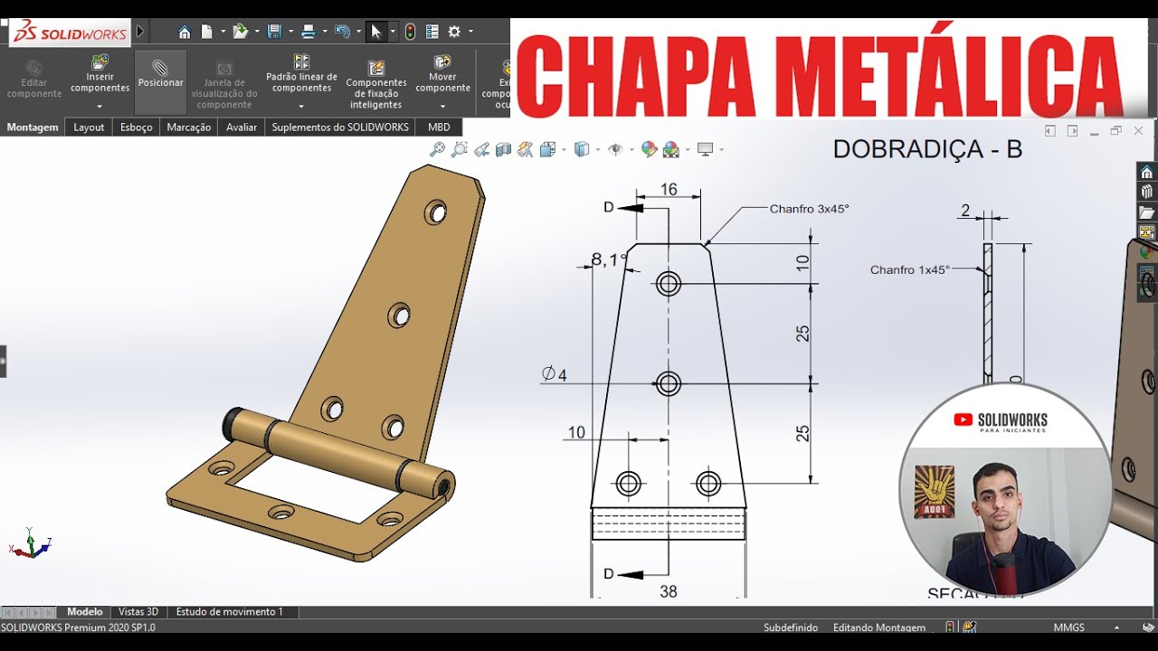 CHAPA METÁLICA EXERCÍCIO 05 - DOBRADIÇA DE AÇO NO SOLIDWORKS