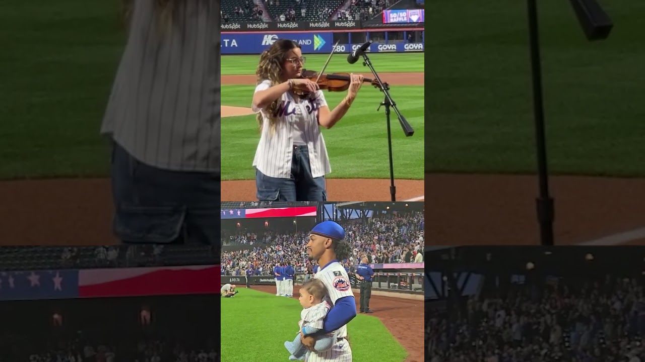 Francisco Lindor and his children watch as his wife Katia plays the National Anthem at Citi Field! 🎻