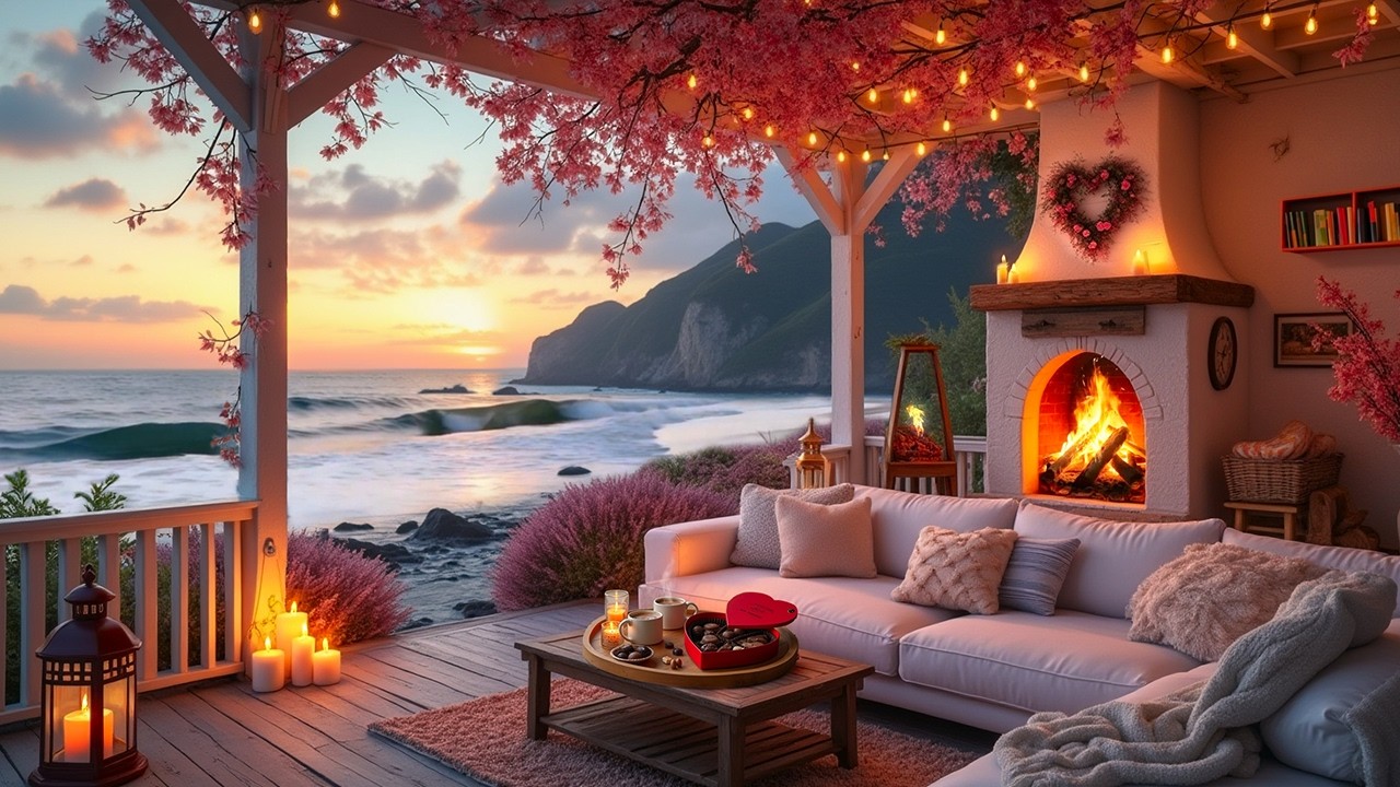 💖 Romantic Beach Valentine Cabin | Evening Fire Glow, Candlelight & Ocean Waves 🌊🔥✨