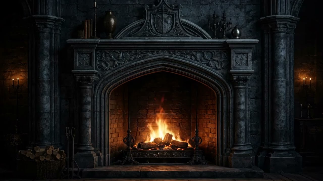 1 Hour 4K Fireplace Dark Cinematic Medieval Interior Related