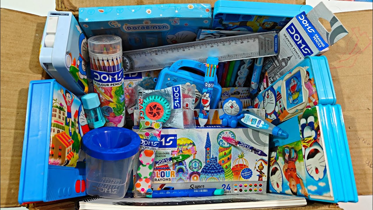 Doms Stationery items & Doraemon Stationery Collection, doms crayon, doraemon pencil box, school kit