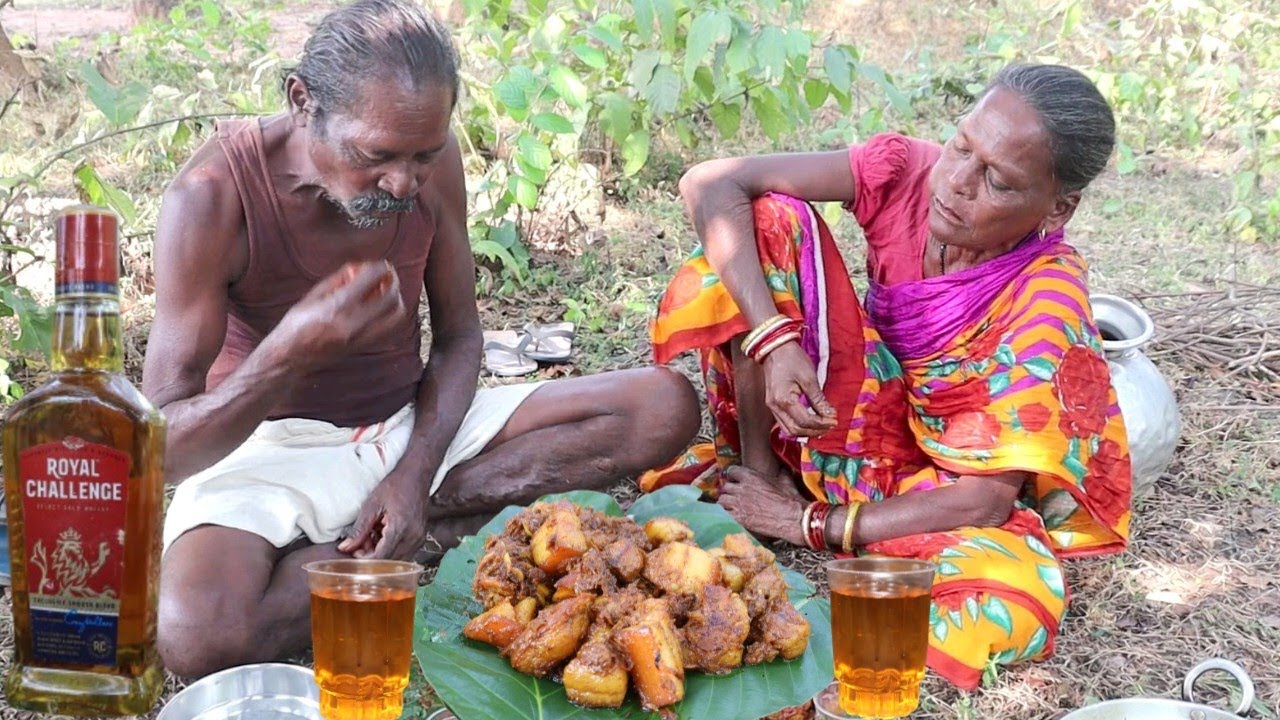 Delicious Pork Masala Curry Eating Two Village Couple And Wine Drink ||