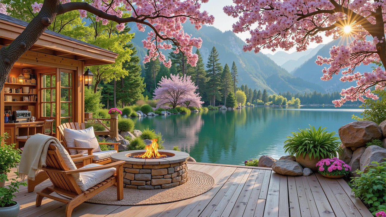Relaxing Spring Morning at the Lake 🌷 Soft Piano Music, Warm Fireplace & Nature Sounds for Focus