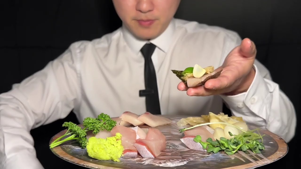 ASMR Korean Yellowtail Mukbang, 방어회 먹방, Eating Fresh Sliced Raw Fish, ブリ刺身モッパン
