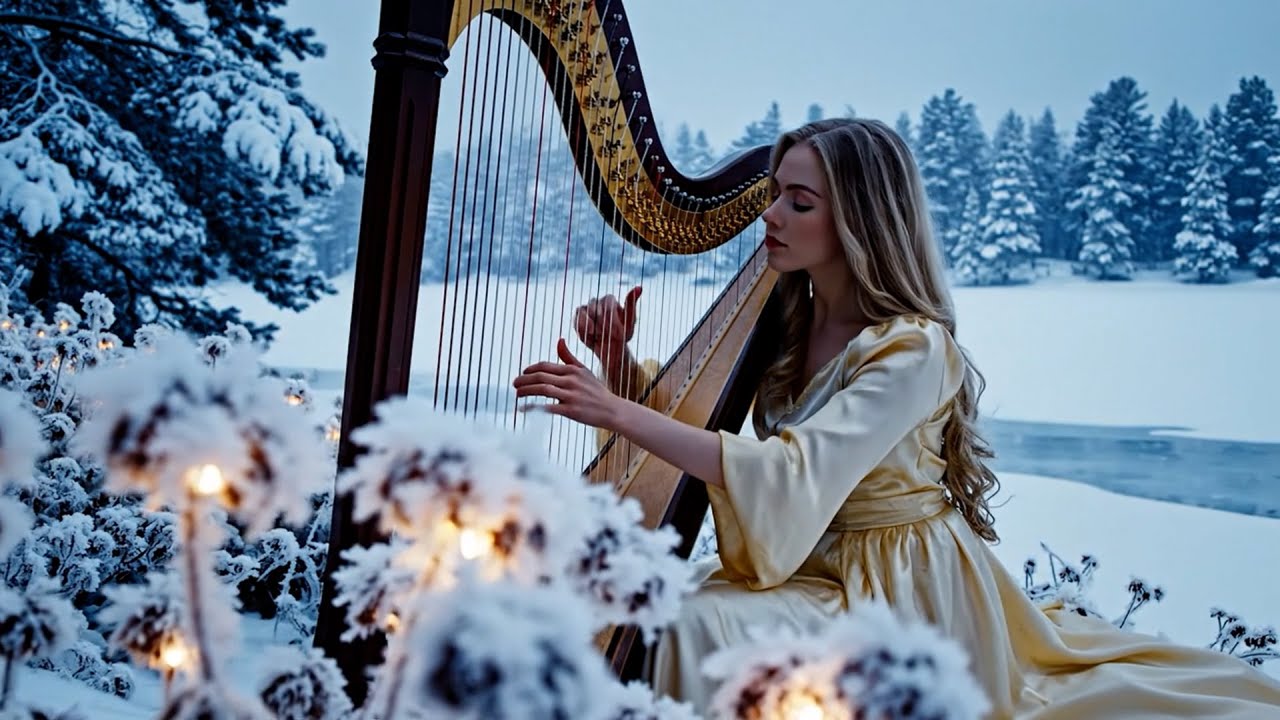 Golden Harp in the Snow ✨ Cozy Winter Melodies & Soft Snowstorm Ambience for Focus, Study & Zen