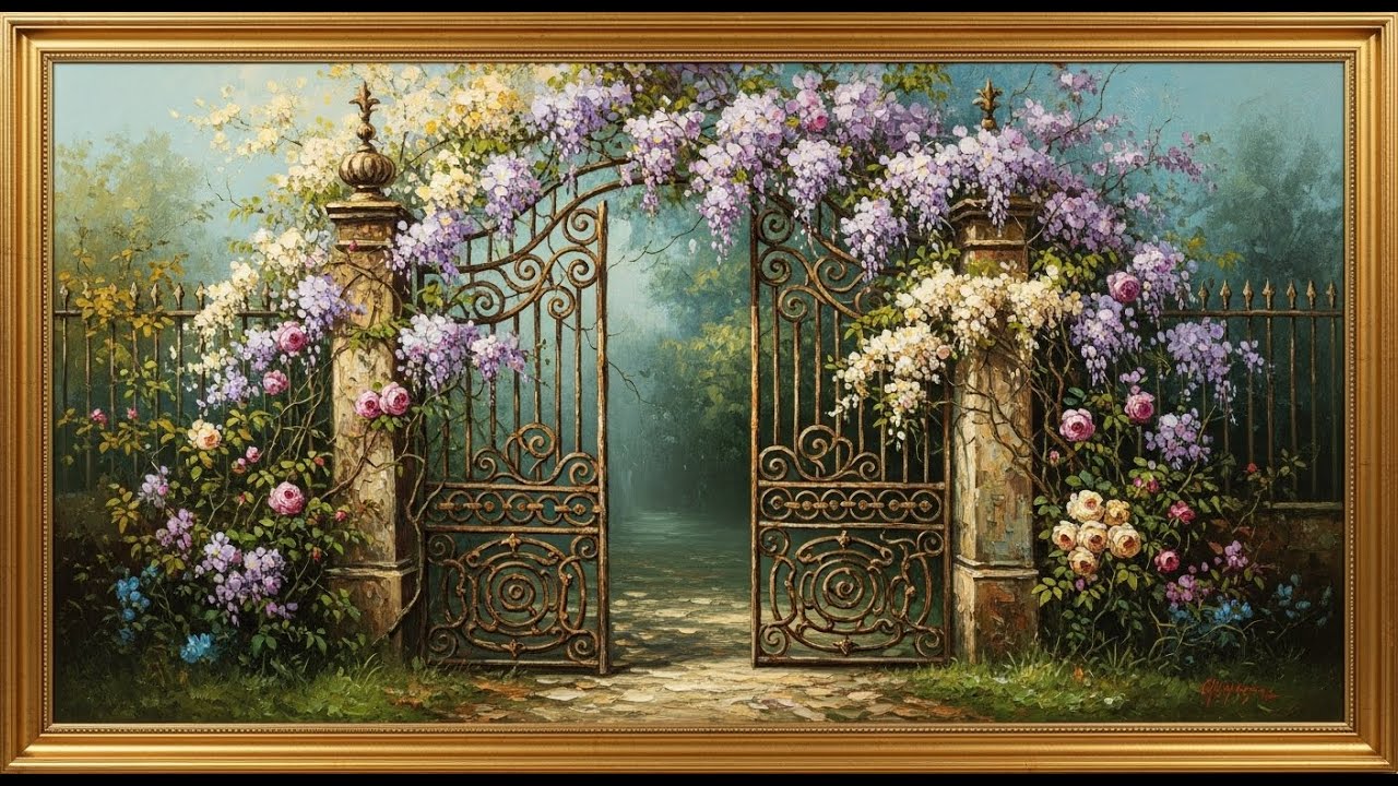 Frame TV Art With Music: Secret Garden Gate Oil Painting | Samsung Frame TV Art | 4K Wisteria Floral