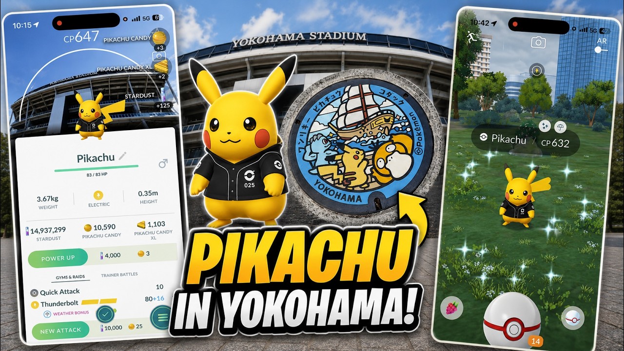 Охота за сияющим Пикачу в костюме и поке-крышки: Pok&eacute;mon GO на этой неделе на стадионе &laquo;Иокогама&raquo;