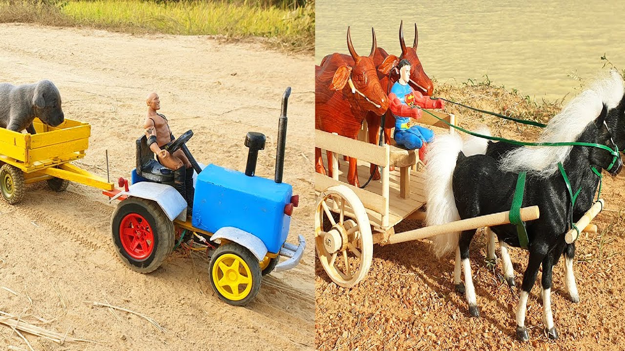 Make Mini Tractor From Wood With 4 Trailers and  Puppies and  Make Horse Cart From Wood
