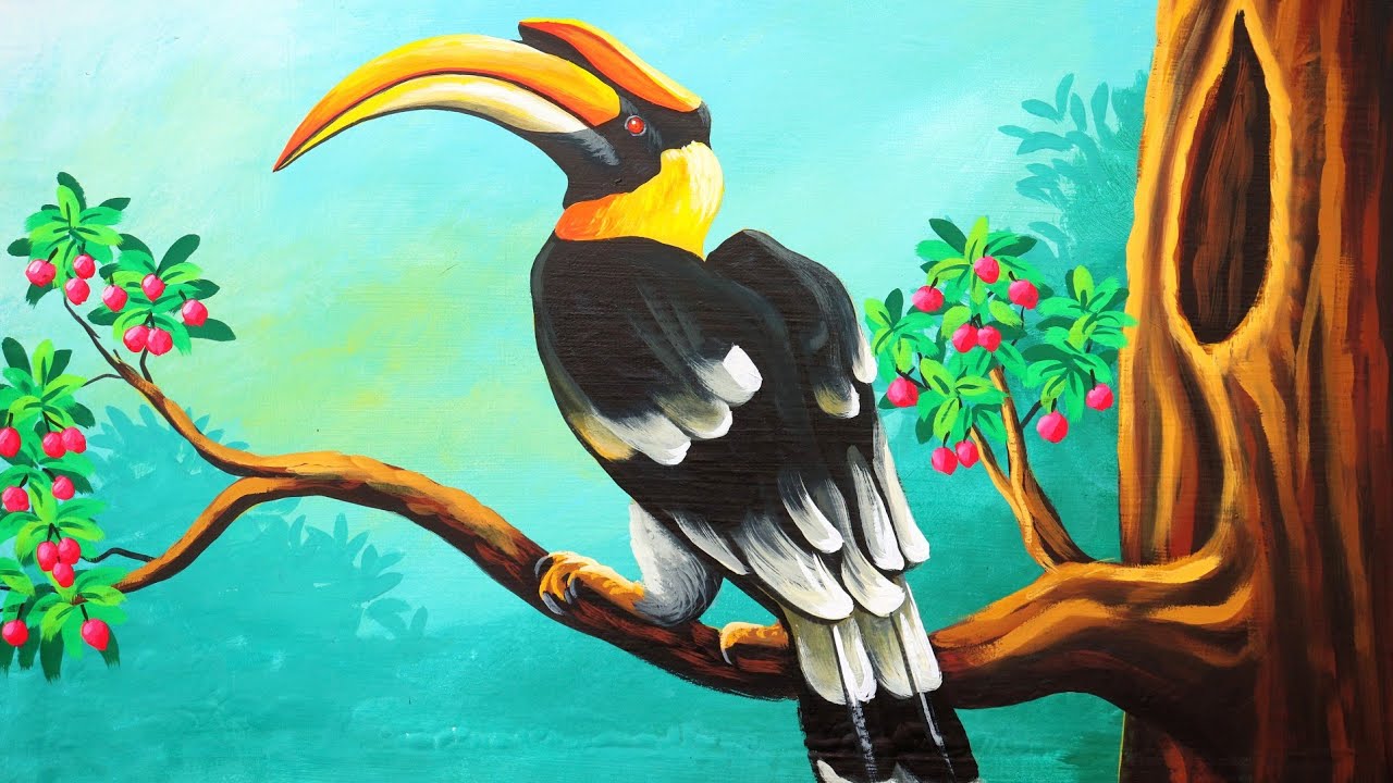 The Great Indian Hornbill drawing and painting step by step