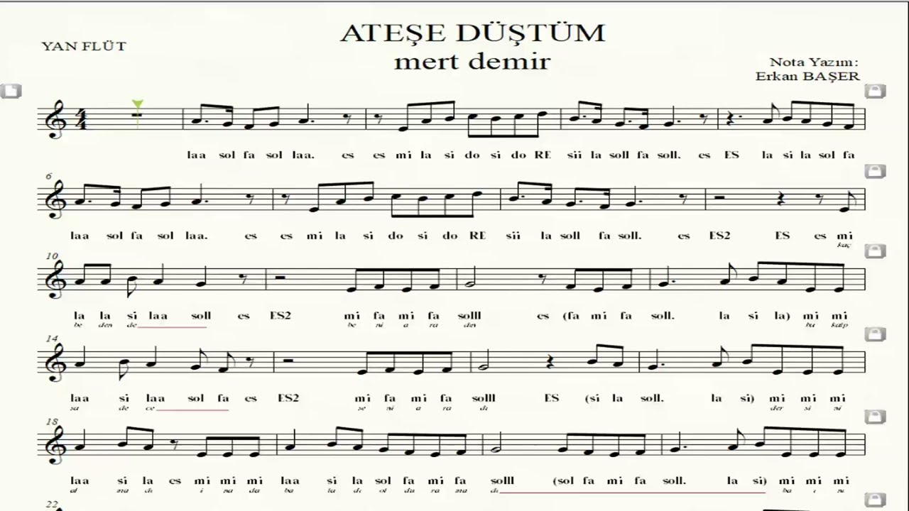 ATEŞE DÜŞTÜM mert demir  YAN FLÜT notaları EŞLİKLİ altyapılı