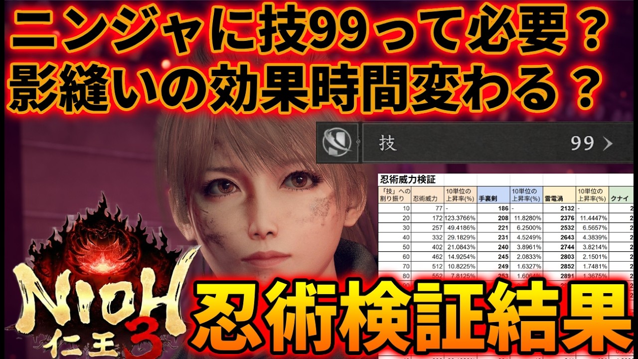 影縫いの効果時間は技99で変わる？ニンジャに技99はどの程度有効なのか技10から10ずつステータス変更してダメージ検証してみた。【仁王3】