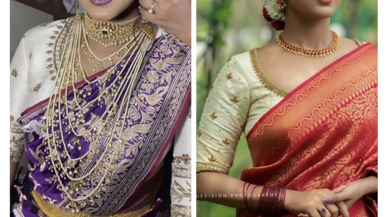 Off-white colour blouse and contrast saree combinations