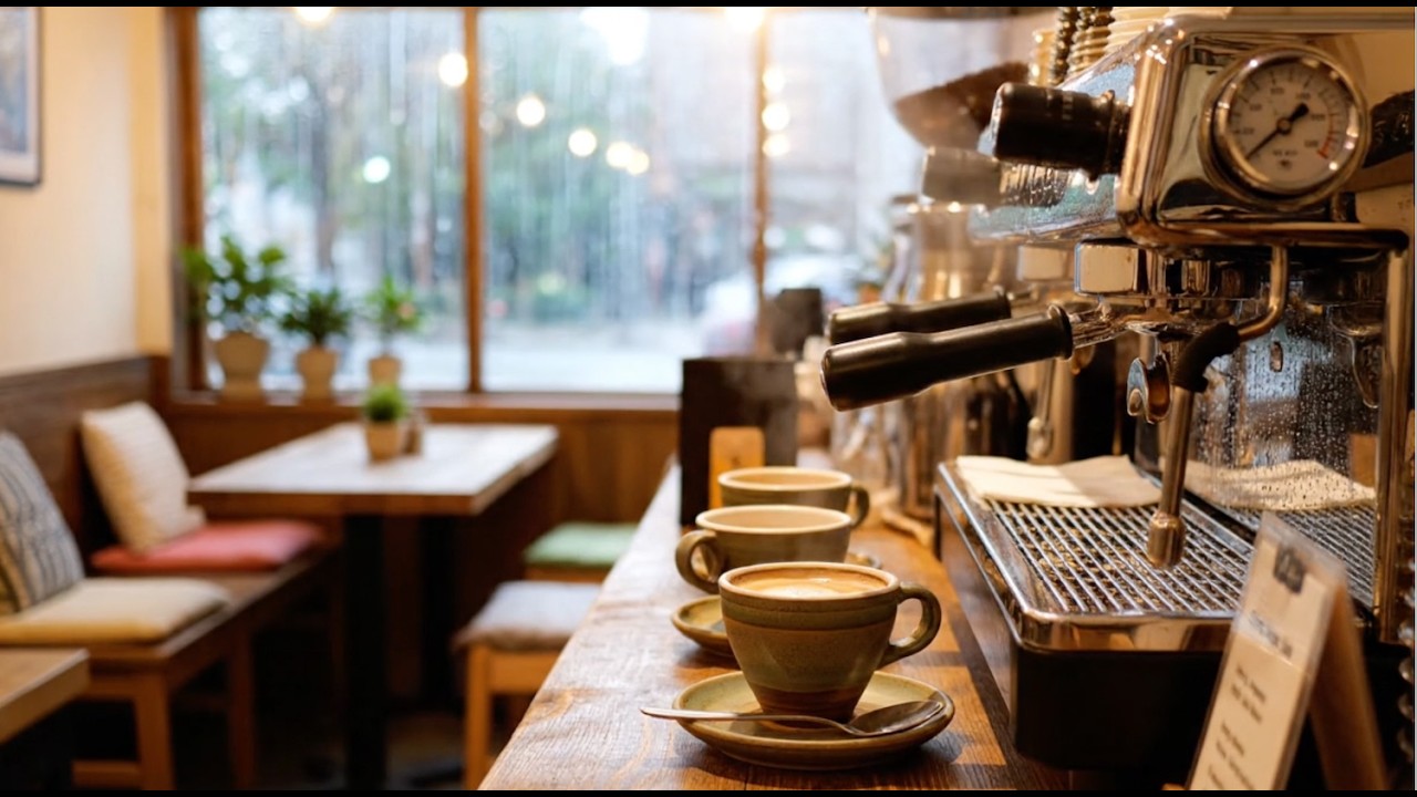 Cozy Cafe Ambience | Soft Coffee Sounds & Gentle Rain | 1 Hour | No Music