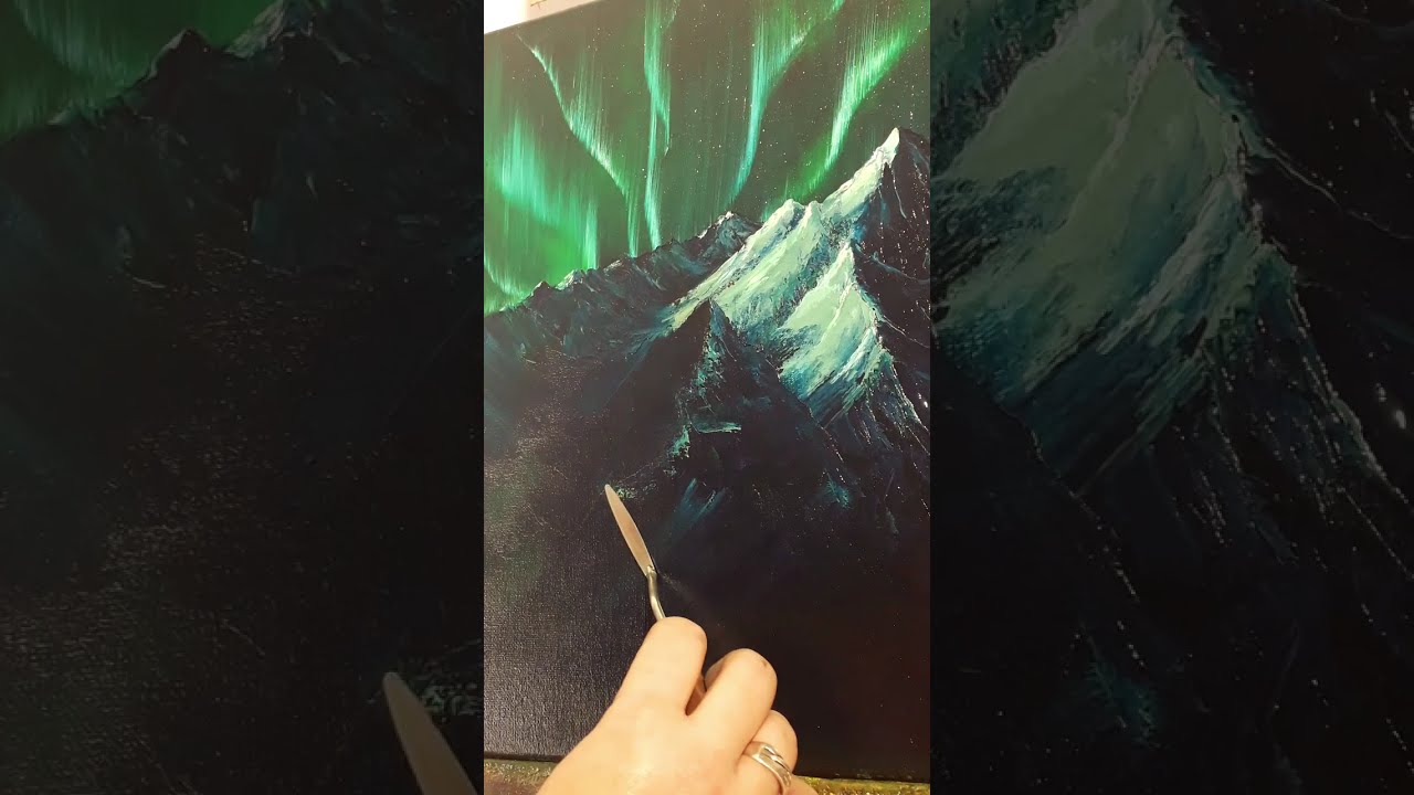 Aurore boréale & montagnes – Peinture au couteau à l’huile