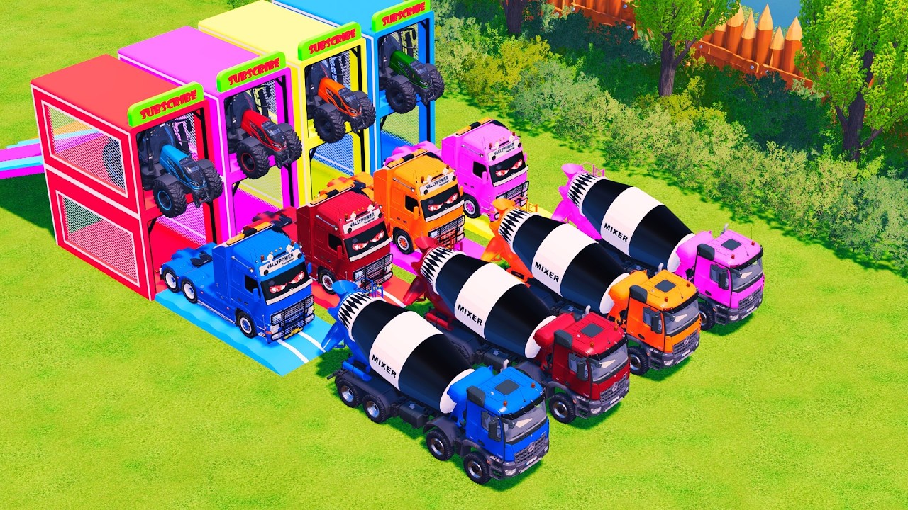 Transport with Colors - ALL MIXER TRUCK WITH DOUBLE FLATBED TRAILER TRUCK & TRACTOR! FS22 #137