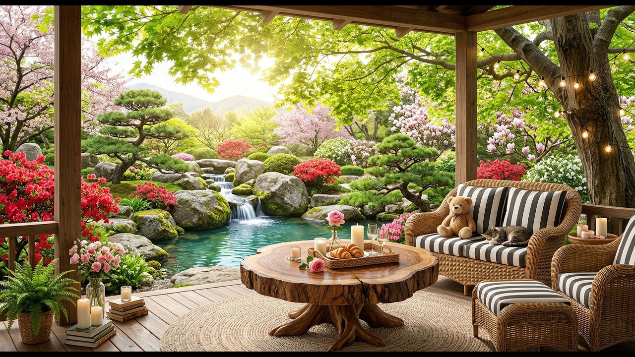 Garden Reading Morning Ambience | Healing Music, Waterfall & Bird Sounds for Anxiety Relief