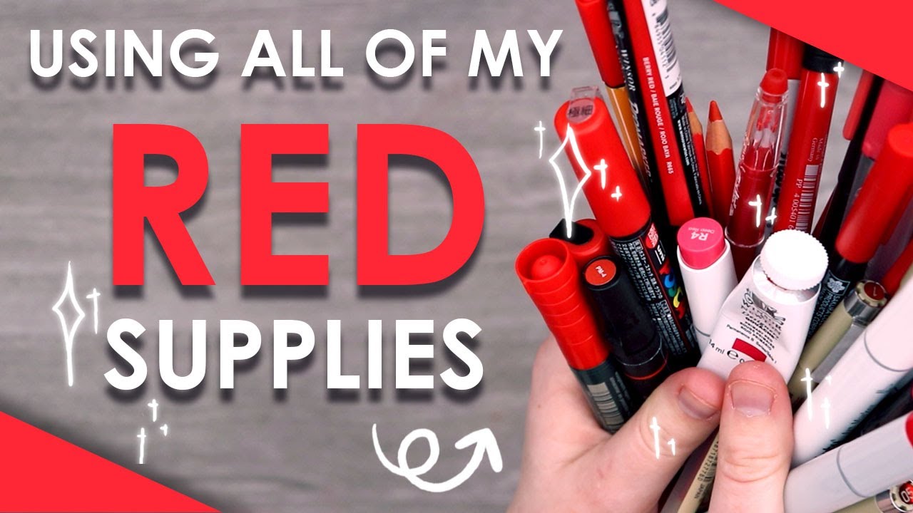 ART WITH ALL MY RED SUPPLIES - Over 40 Pens, Markers, Paints, etc.