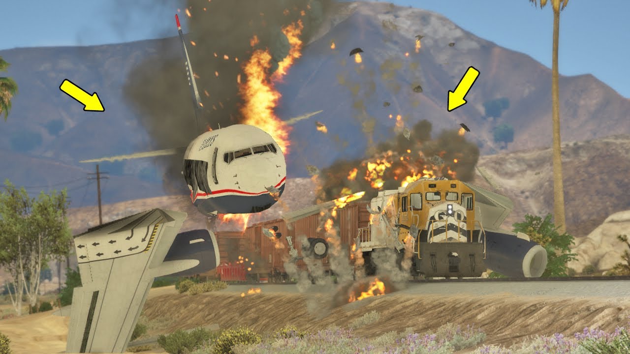 Passenger AirPlane Crash Into Train In GTA 5 (Aviation Accident And Train Derailment Scene)