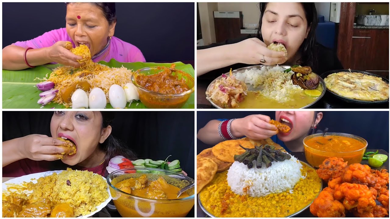 Asmr🔥Eating Mutton Alu Biryani, Tandoori Ghobhi, Different Types Bharta, Dal Begun Vaja & Rice😋