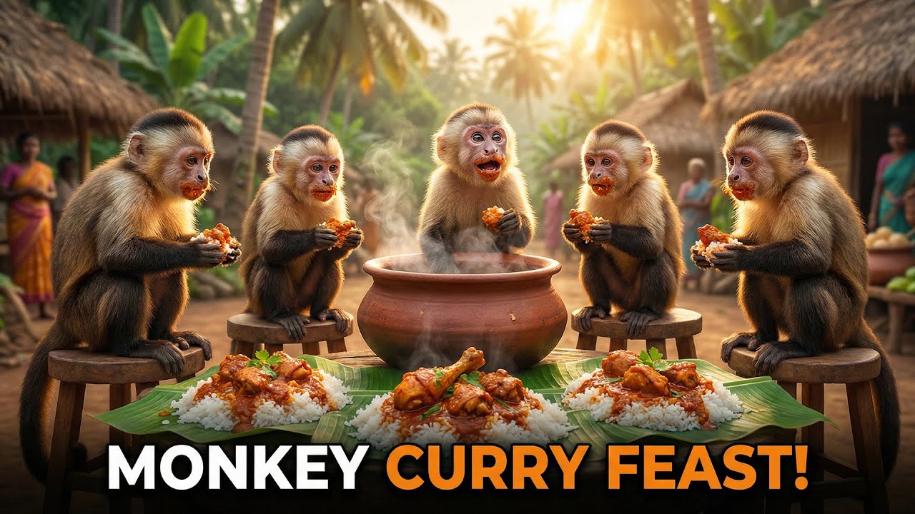 Monkey Chef Cooking Spicy Chicken Curry & Rice! 🍗 Amazing Village Life